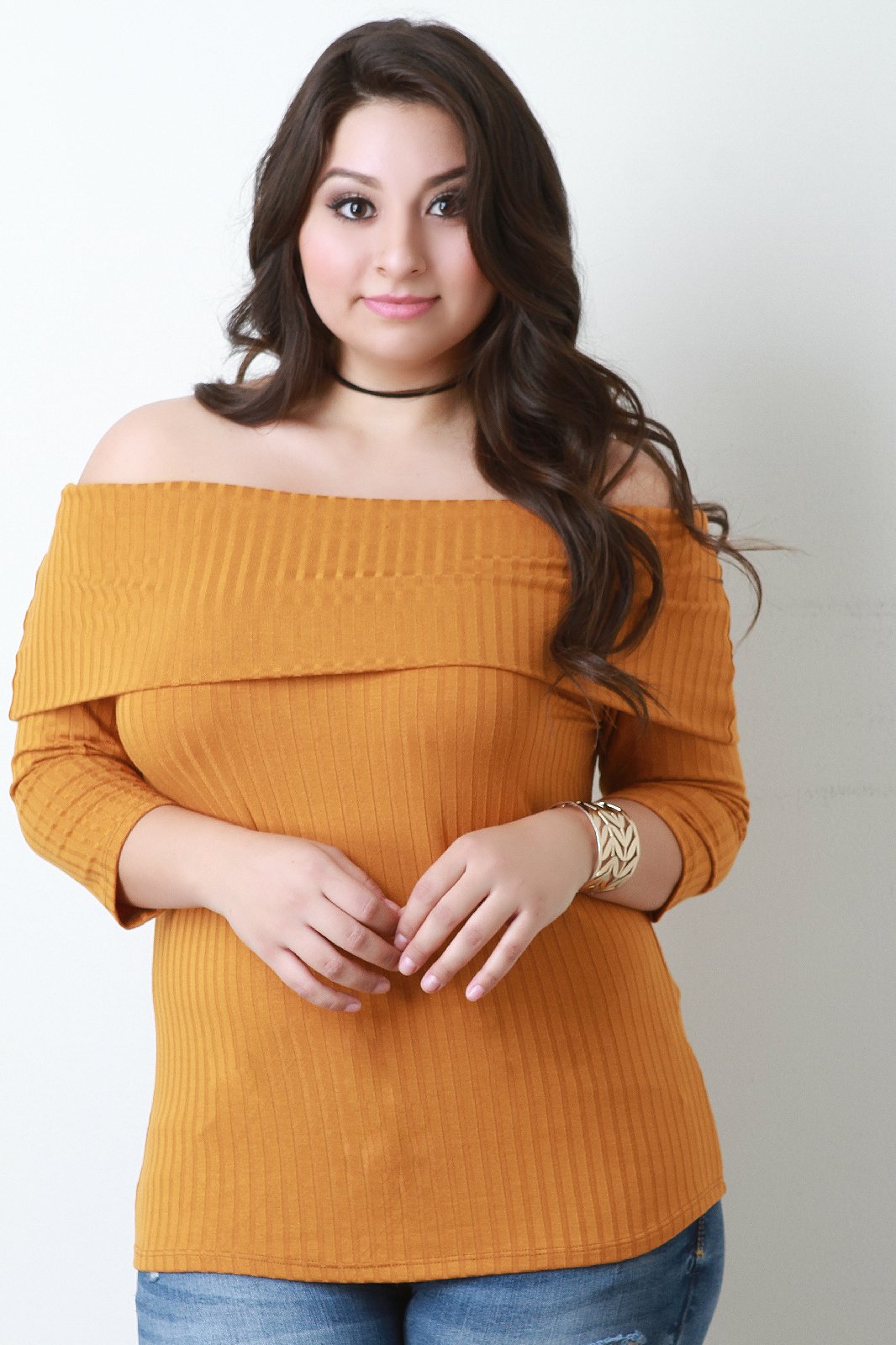 Ribbed Knit Fold Over Bardot Top