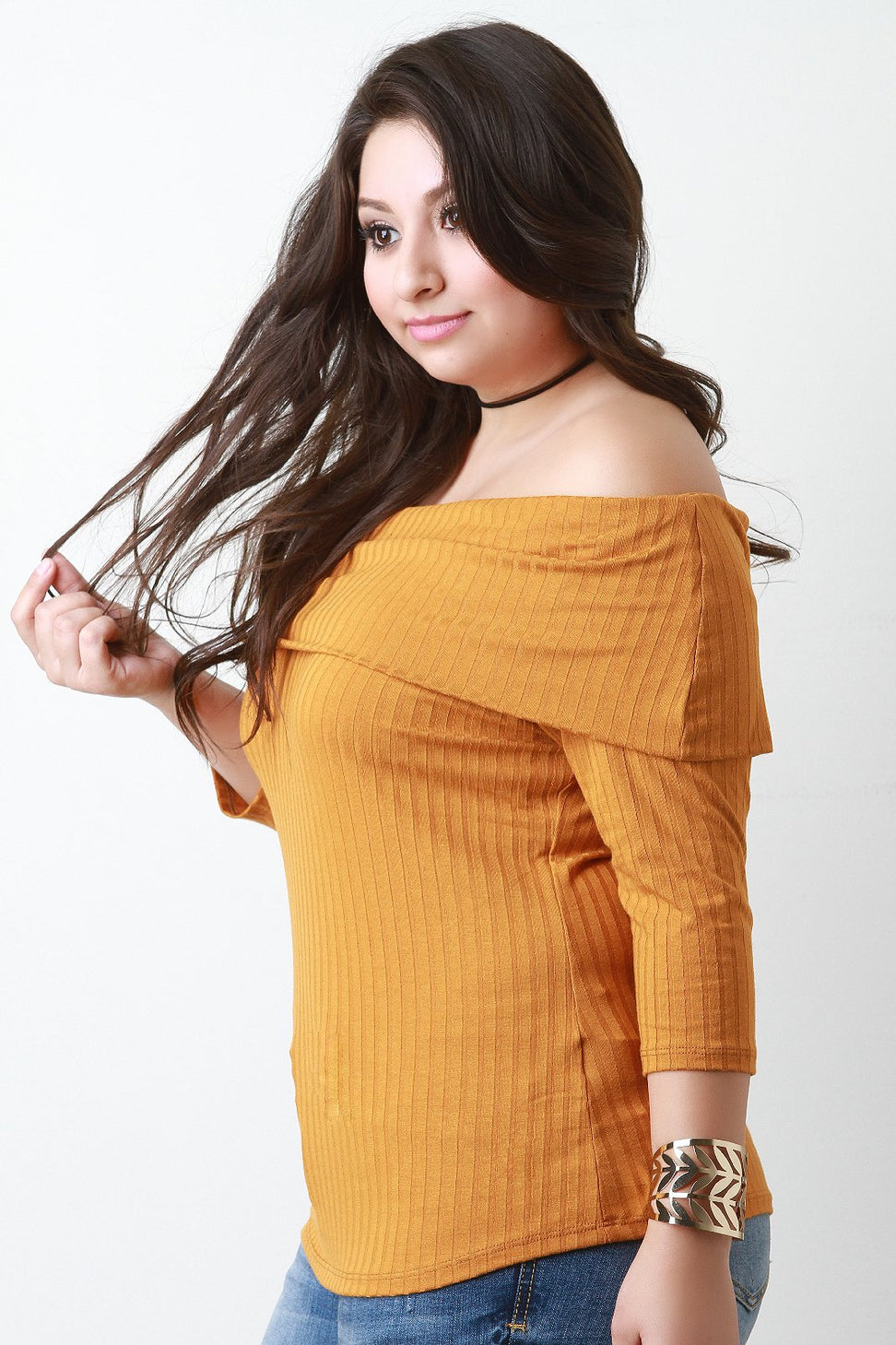 Ribbed Knit Fold Over Bardot Top