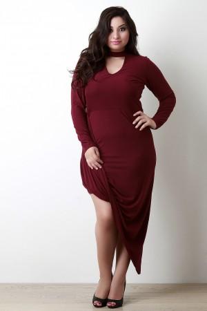 Mock Neck Keyhole Asymmetrical Drape Hem Dress - NoveltyOne