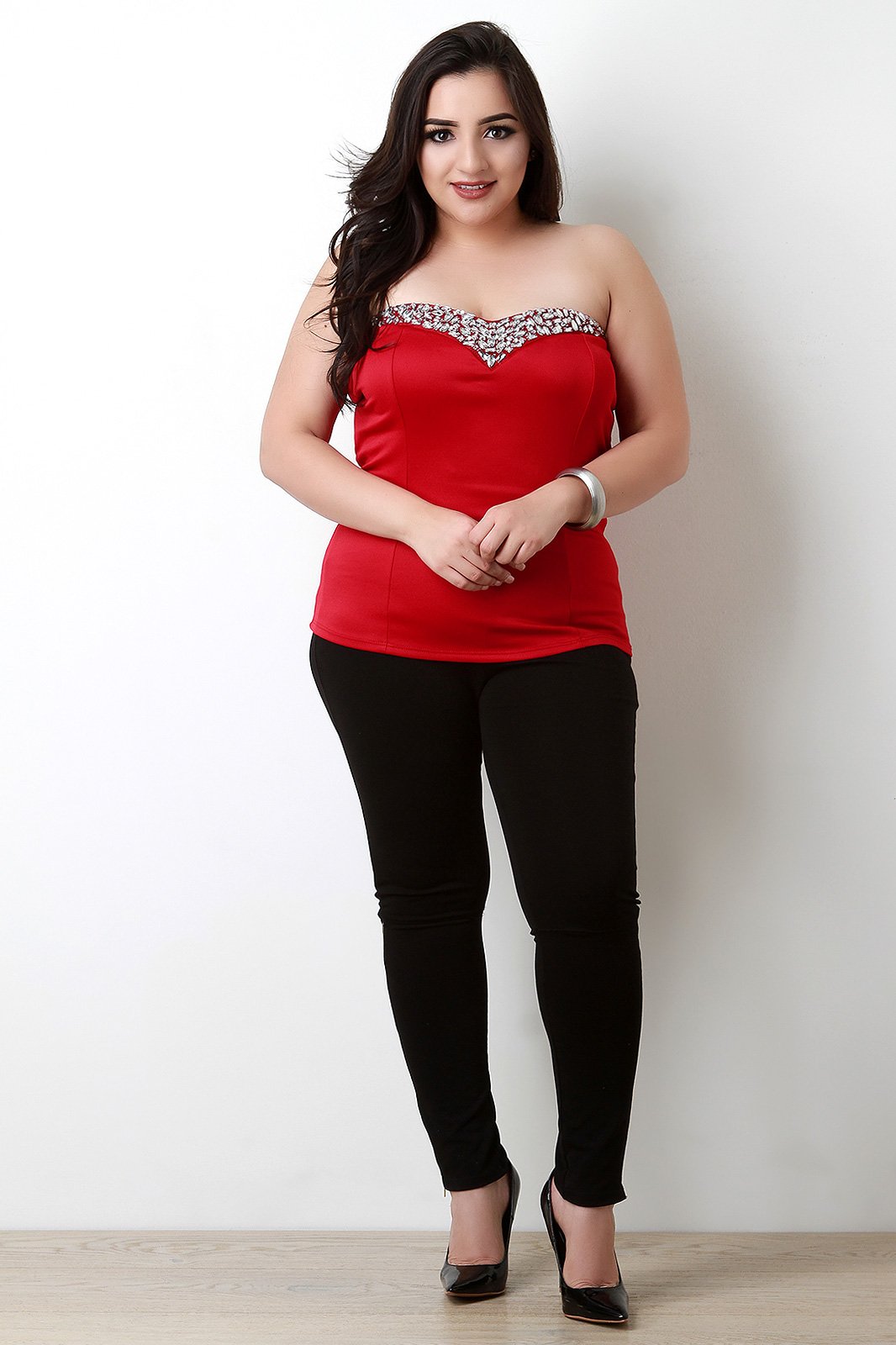 Off-The-Shoulder Sweetheart Neck Jewel Trim Top