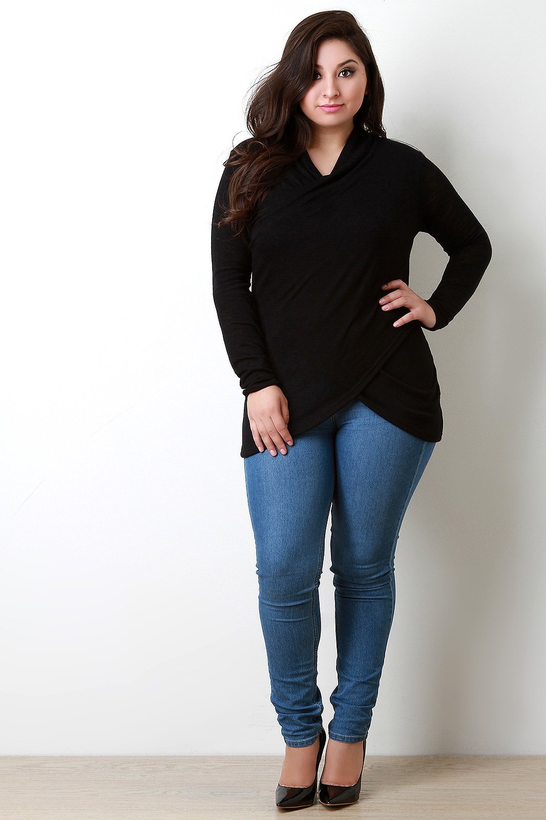 Loose Knit Draped Neck Surplice Wrap Top - NoveltyOne