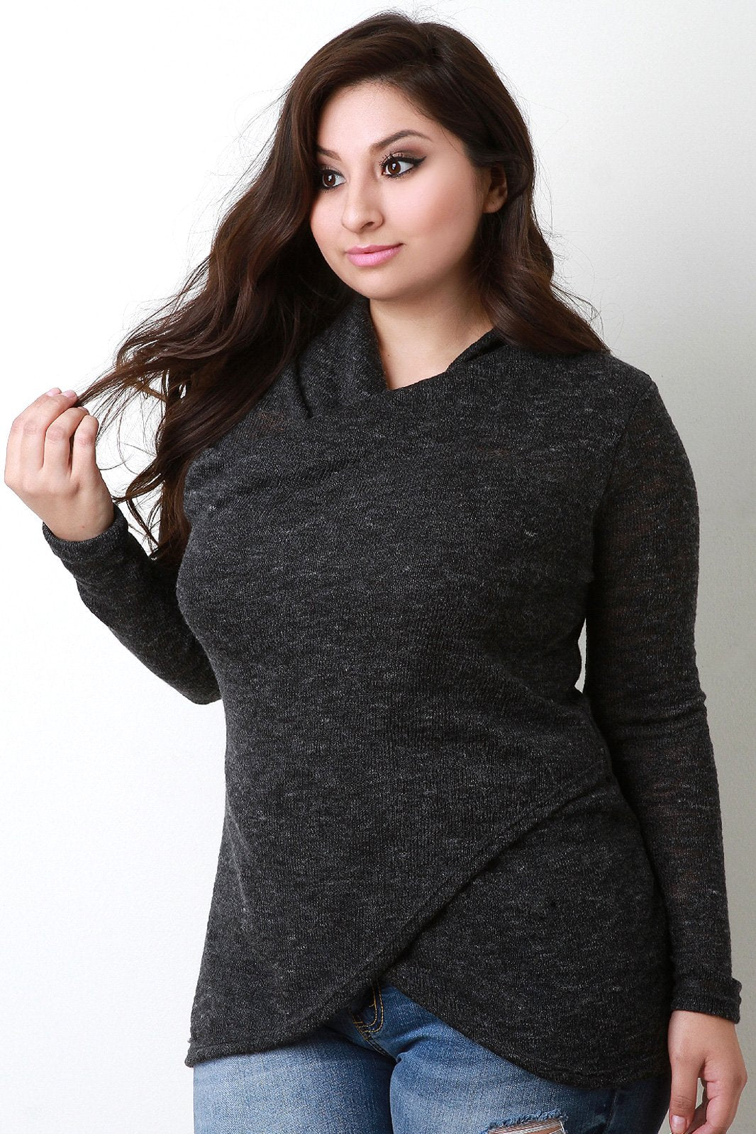 Loose Knit Draped Neck Surplice Wrap Top - NoveltyOne