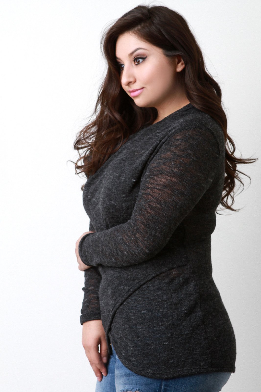 Loose Knit Draped Neck Surplice Wrap Top - NoveltyOne