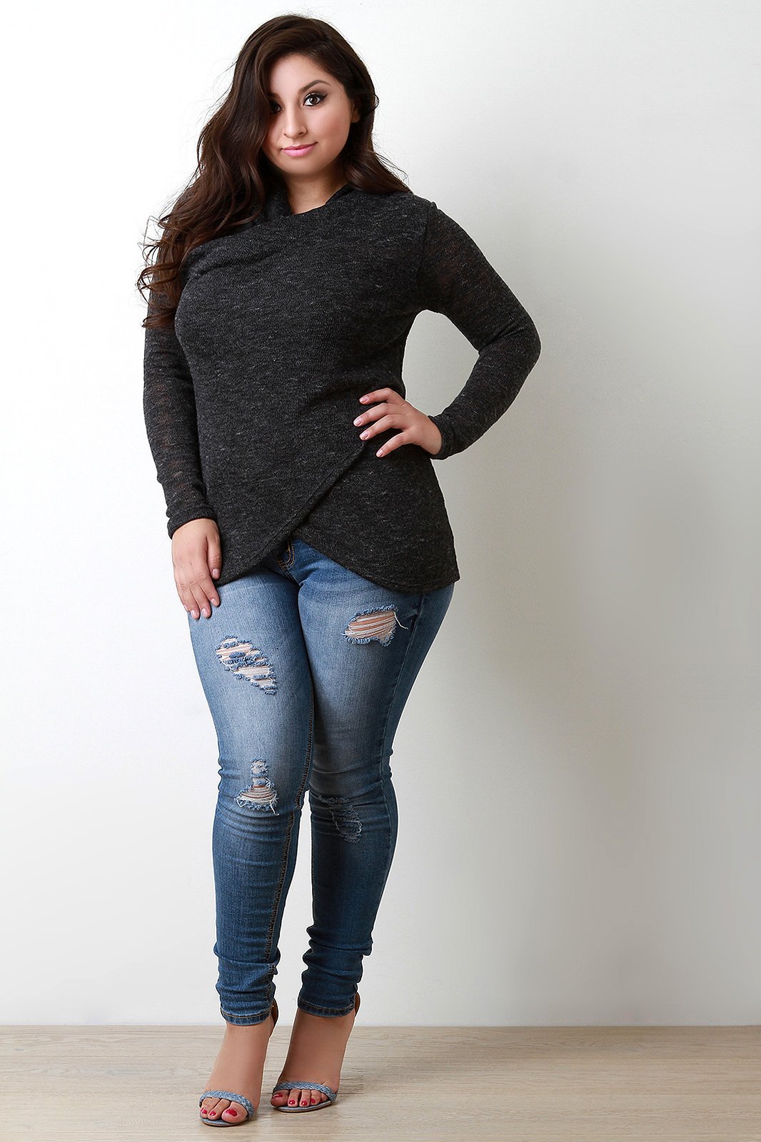 Loose Knit Draped Neck Surplice Wrap Top - NoveltyOne