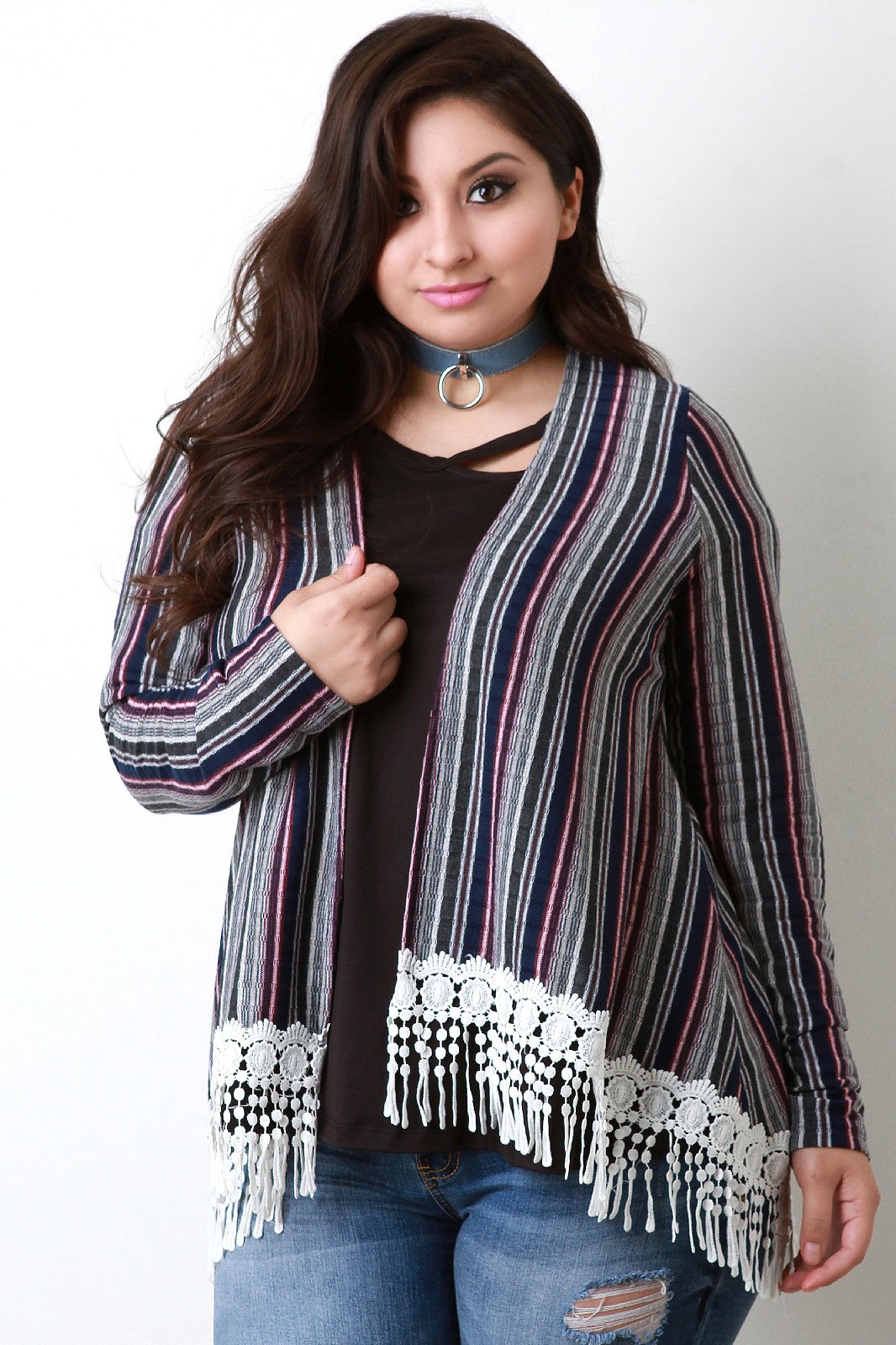 Multi-Stripe Rib Knit Crochet Trim Hem Cardigan - NoveltyOne