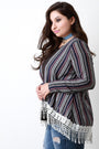 Multi-Stripe Rib Knit Crochet Trim Hem Cardigan - NoveltyOne