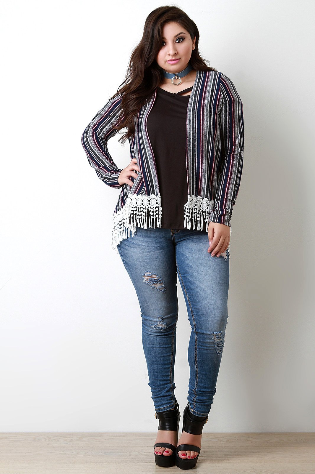 Multi-Stripe Rib Knit Crochet Trim Hem Cardigan - NoveltyOne