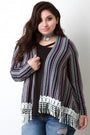 Multi-Stripe Rib Knit Crochet Trim Hem Cardigan - NoveltyOne
