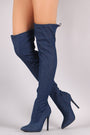 Denim Drawstring-Tie Pointy Toe Stiletto Boots