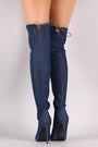 Denim Drawstring-Tie Pointy Toe Stiletto Boots