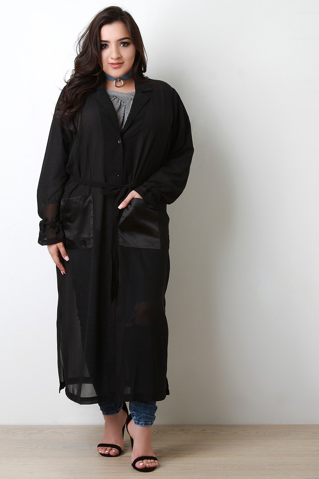 Chiffon Contrast Silk Pockets Button-Up Maxi Top