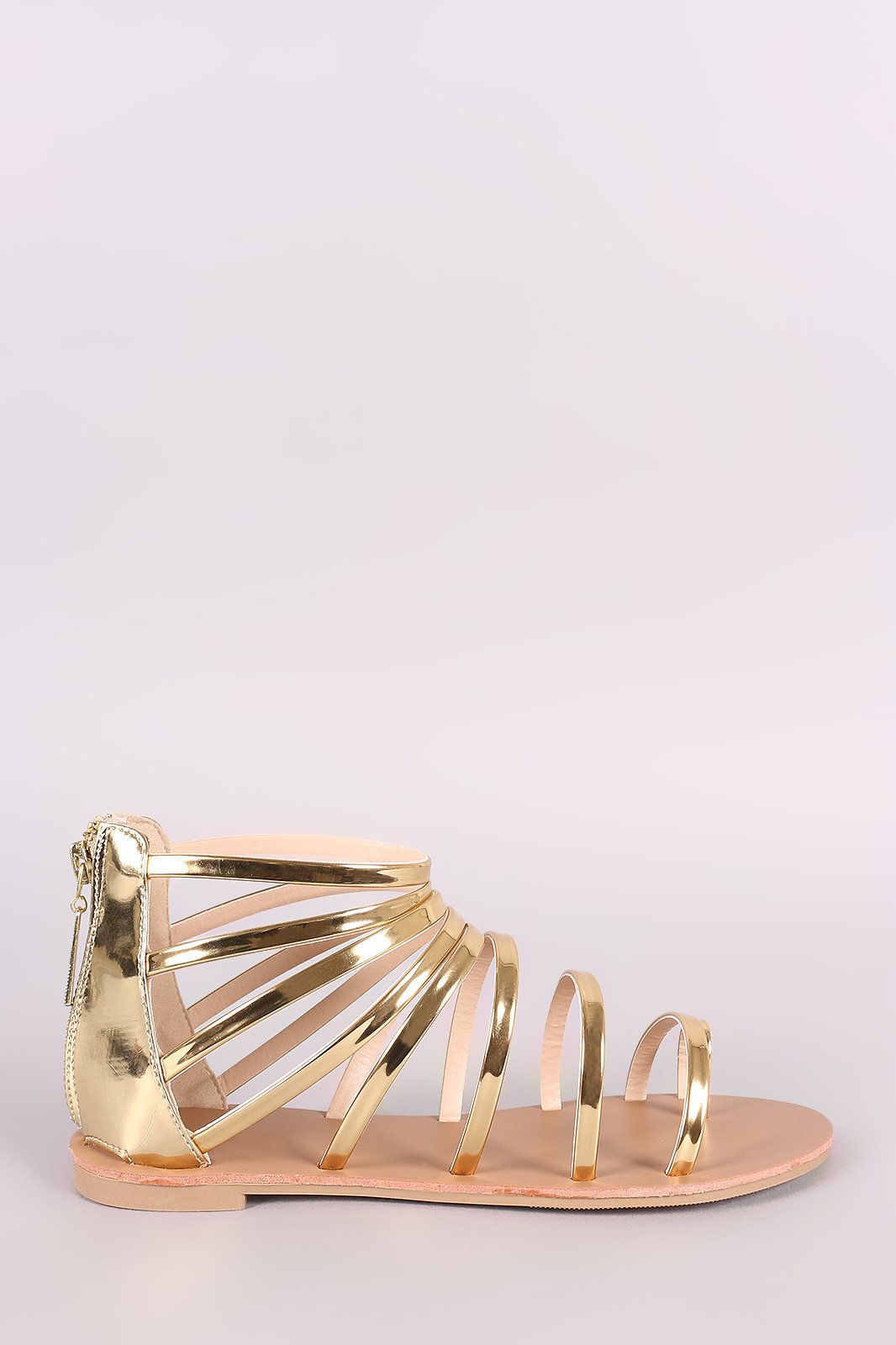 Qupid Mirror Metallic Toe Ring Strappy Gladiator Flat Sandal