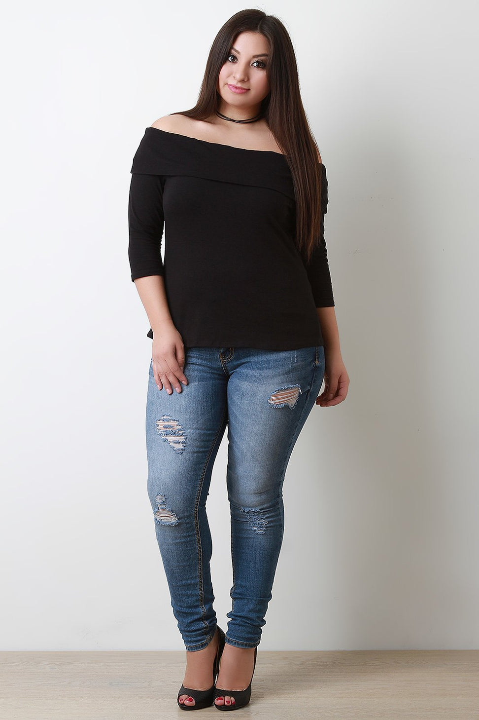 Fold Over Bardot Quarter Sleeve Top - NoveltyOne
