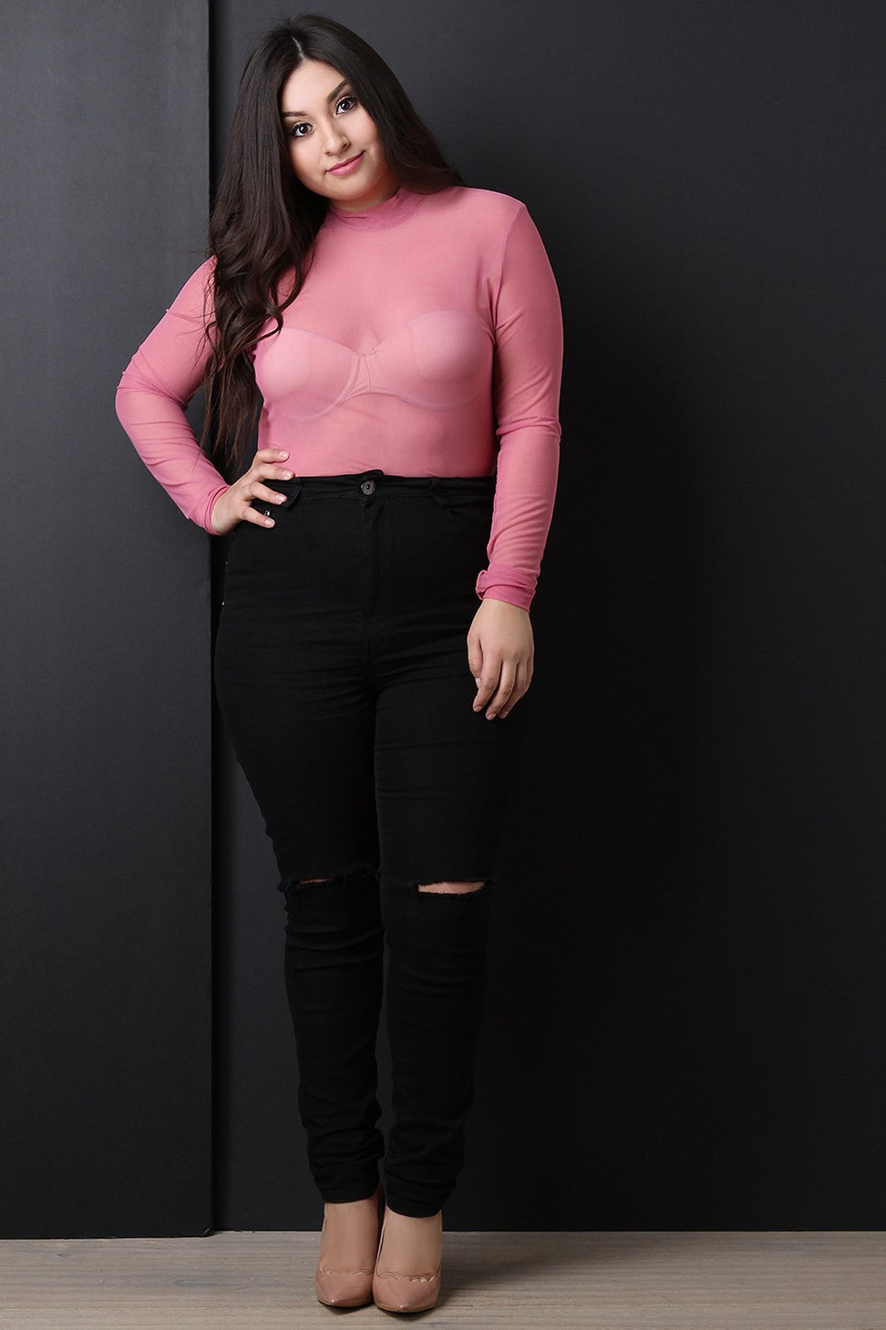 Semi-Sheer Mesh Mock Long Sleeve Bodysuit