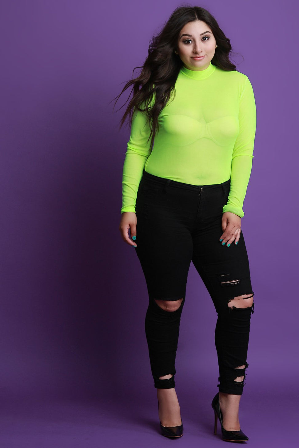 Semi-Sheer Mesh Mock Long Sleeve Bodysuit