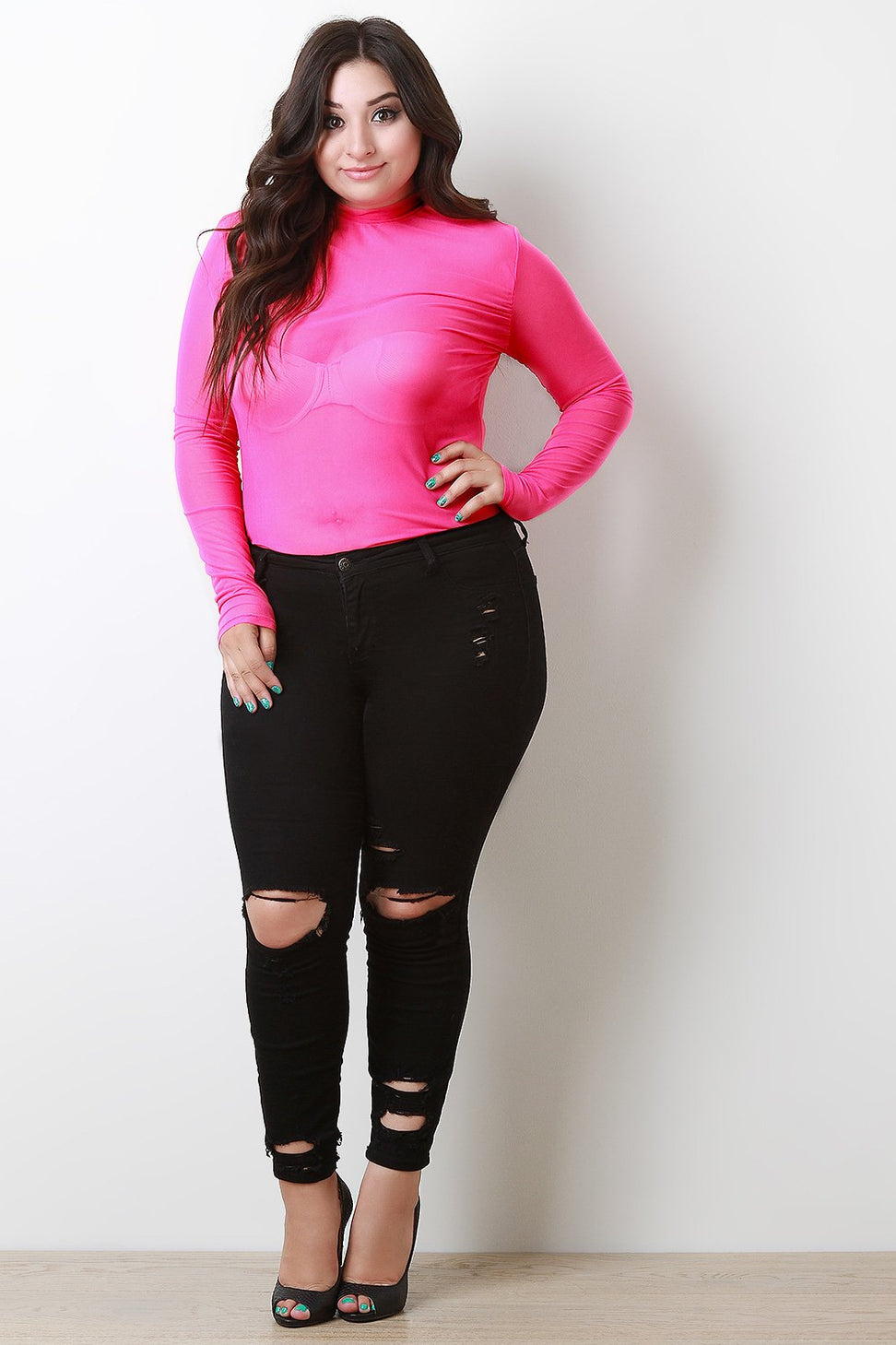 Semi-Sheer Mesh Mock Long Sleeve Bodysuit