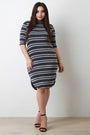 Striped Rib Knit Half Sleeve Bodycon Dress