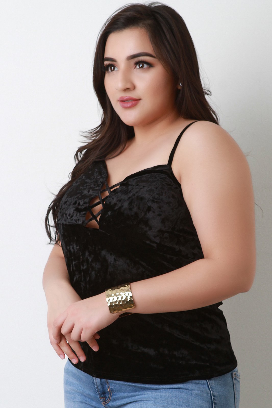 Velvet Lace Up low Cut Spaghetti Strap Top