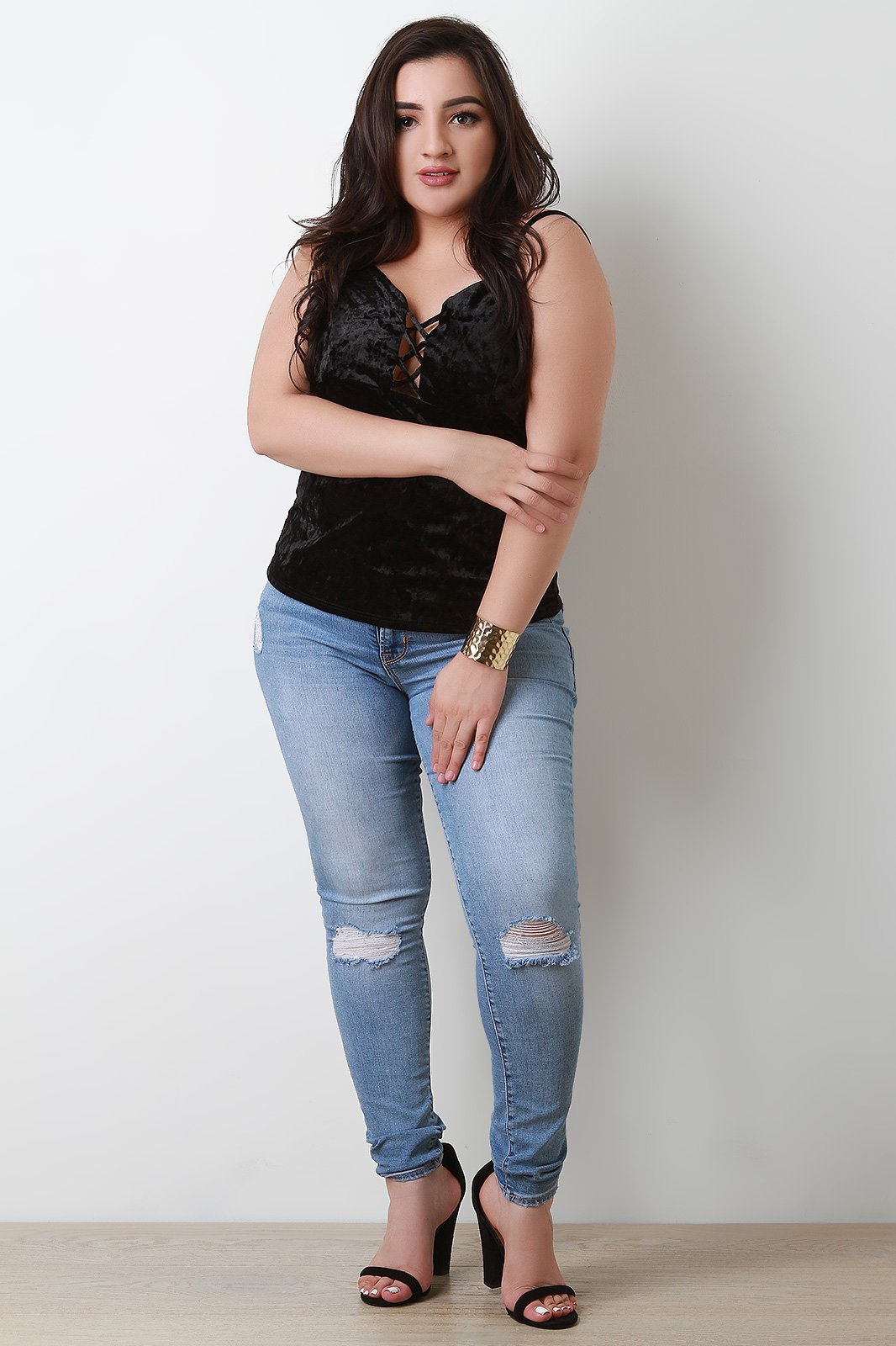 Velvet Lace Up low Cut Spaghetti Strap Top