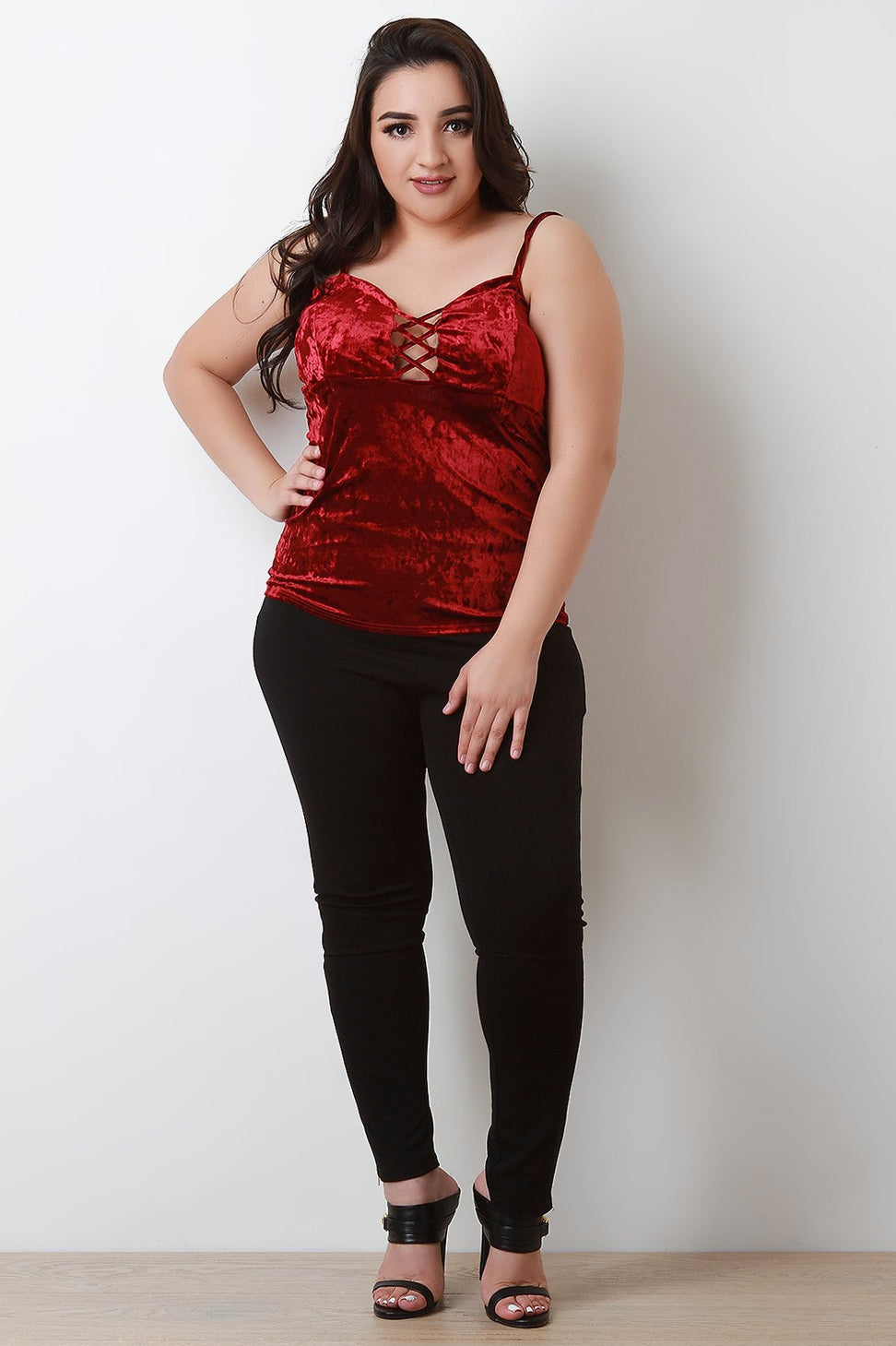 Velvet Lace Up low Cut Spaghetti Strap Top