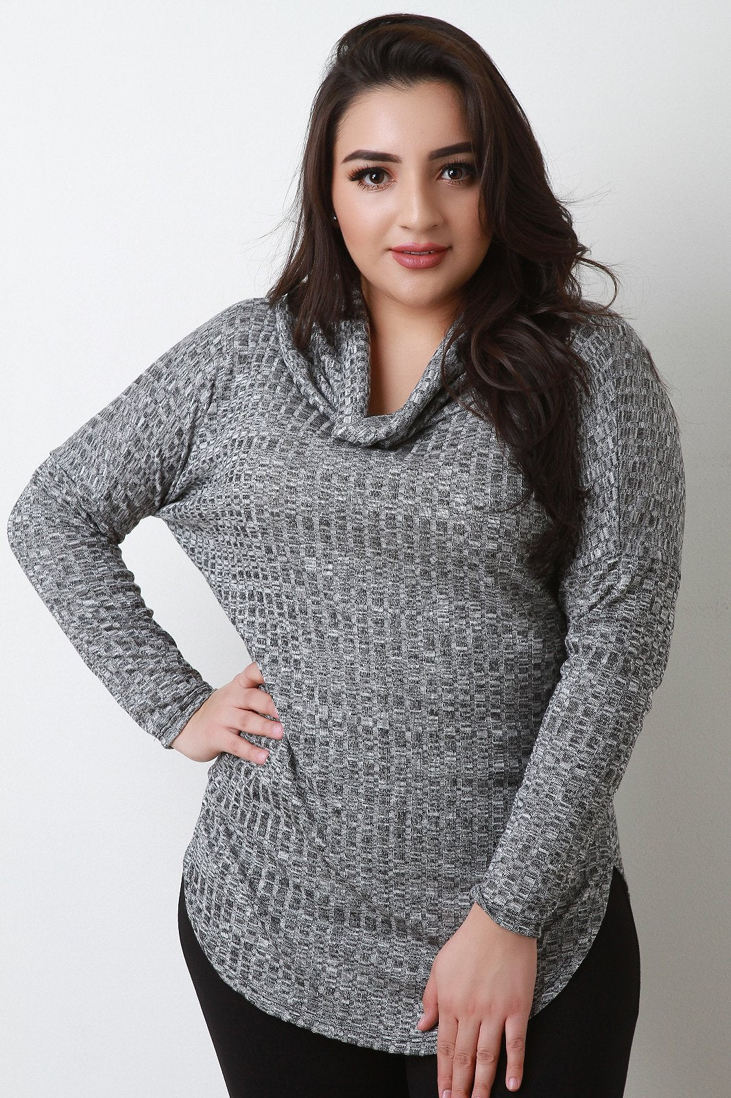 Cowl Neck Rib Knit Rounded Hem Sweater