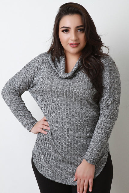 Cowl Neck Rib Knit Rounded Hem Sweater