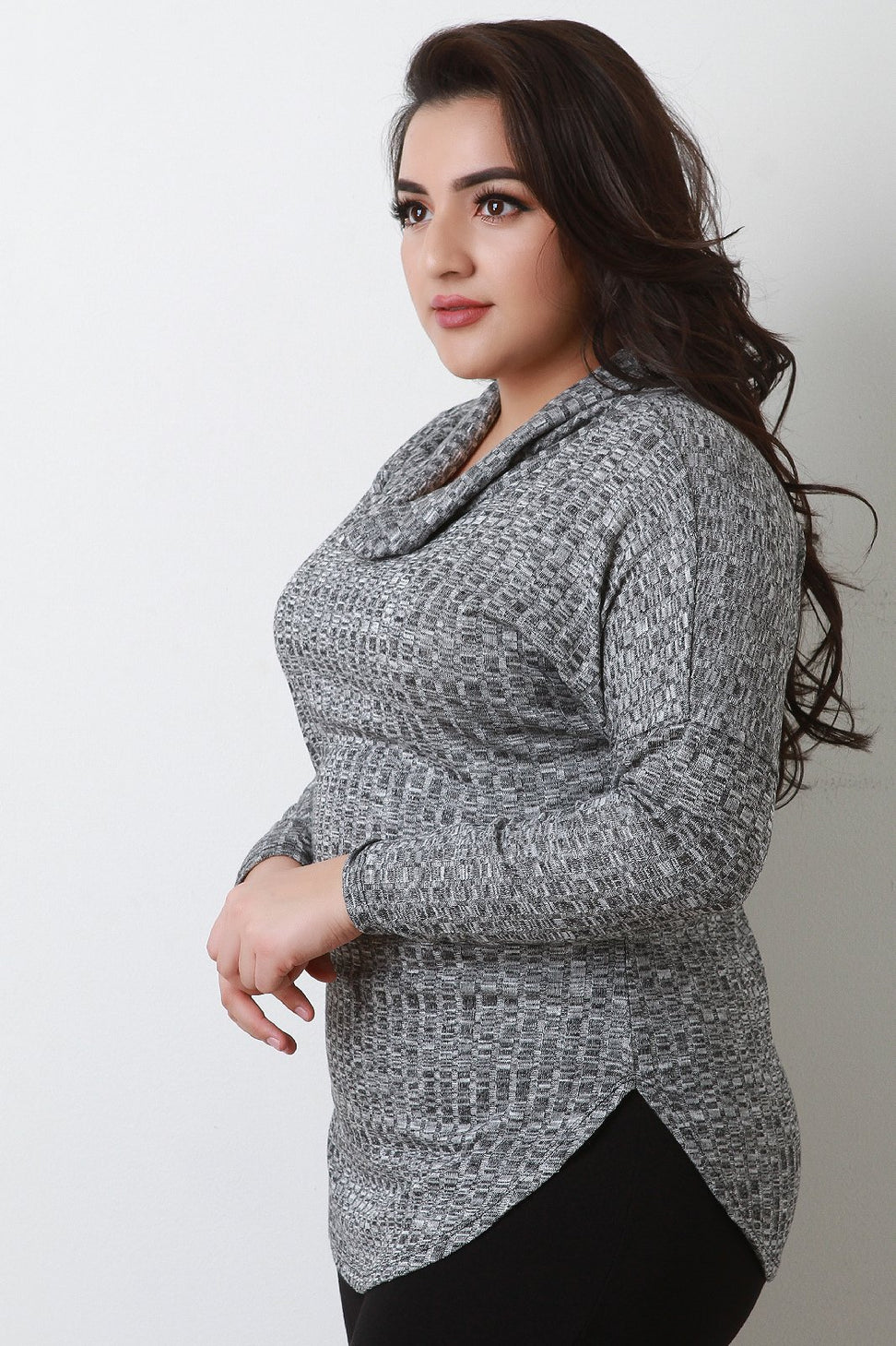 Cowl Neck Rib Knit Rounded Hem Sweater