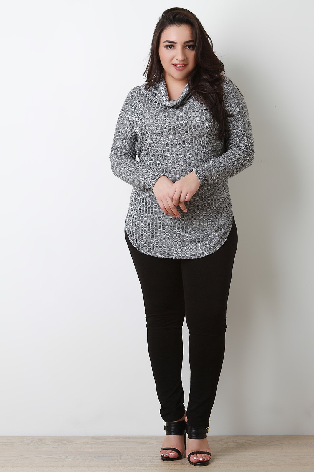 Cowl Neck Rib Knit Rounded Hem Sweater