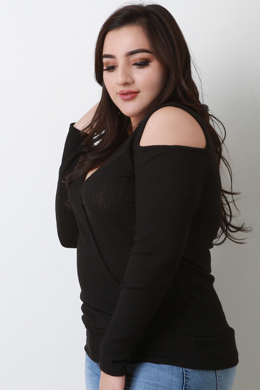 Rib Knit Surplice Cold Shoulder Long Sleeve Top