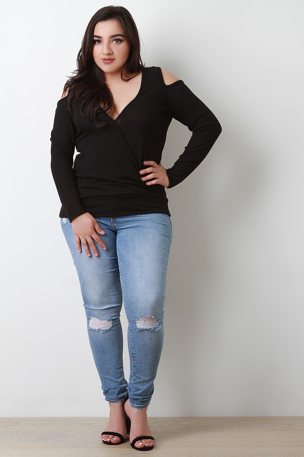 Rib Knit Surplice Cold Shoulder Long Sleeve Top