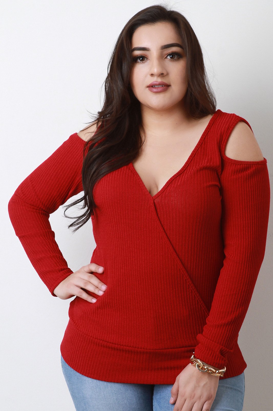 Rib Knit Surplice Cold Shoulder Long Sleeve Top