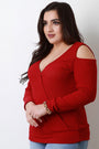 Rib Knit Surplice Cold Shoulder Long Sleeve Top