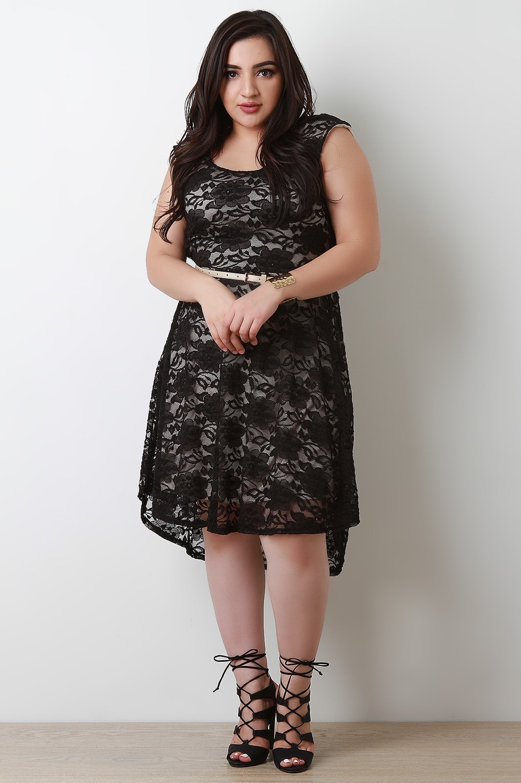 Cap Sleeve High Low Hem Lace Skater Dress