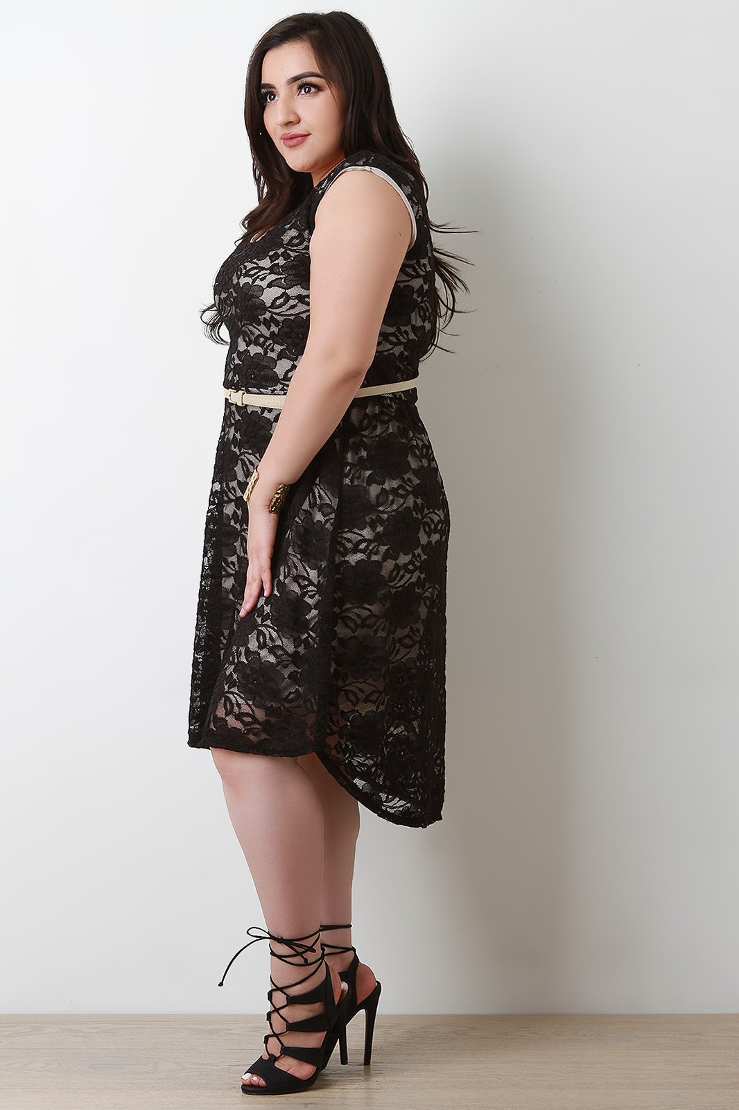 Cap Sleeve High Low Hem Lace Skater Dress