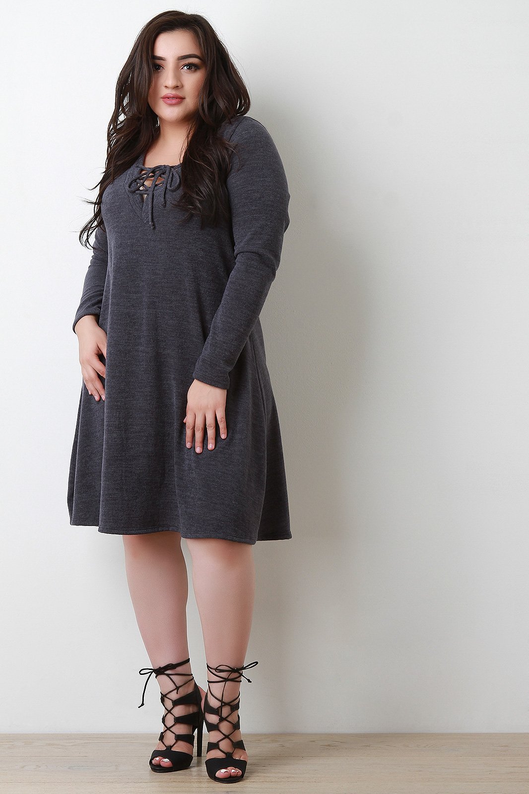 Lace Up V Neck Long Sleeve Sweater Dress