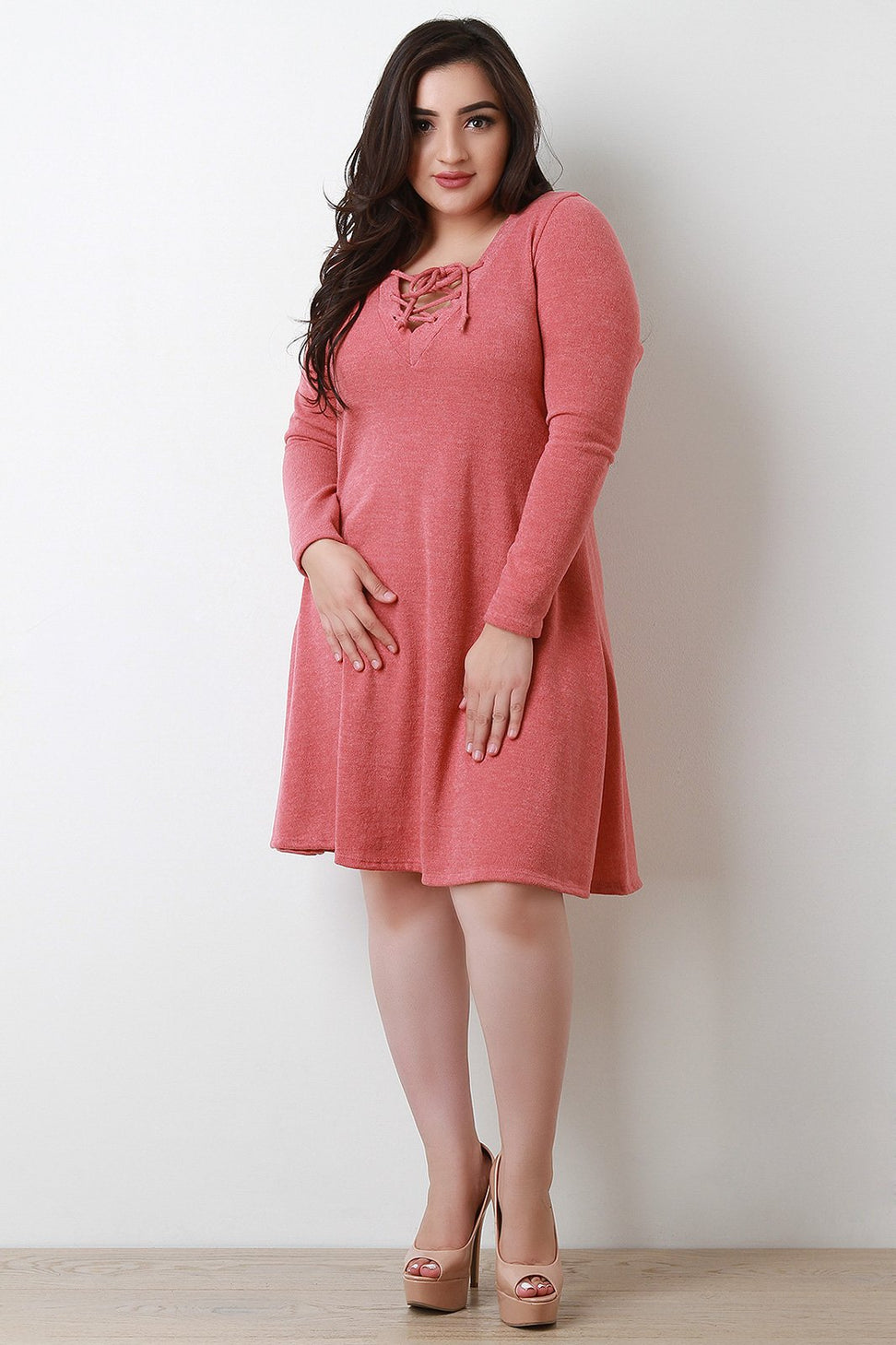 Lace Up V Neck Long Sleeve Sweater Dress