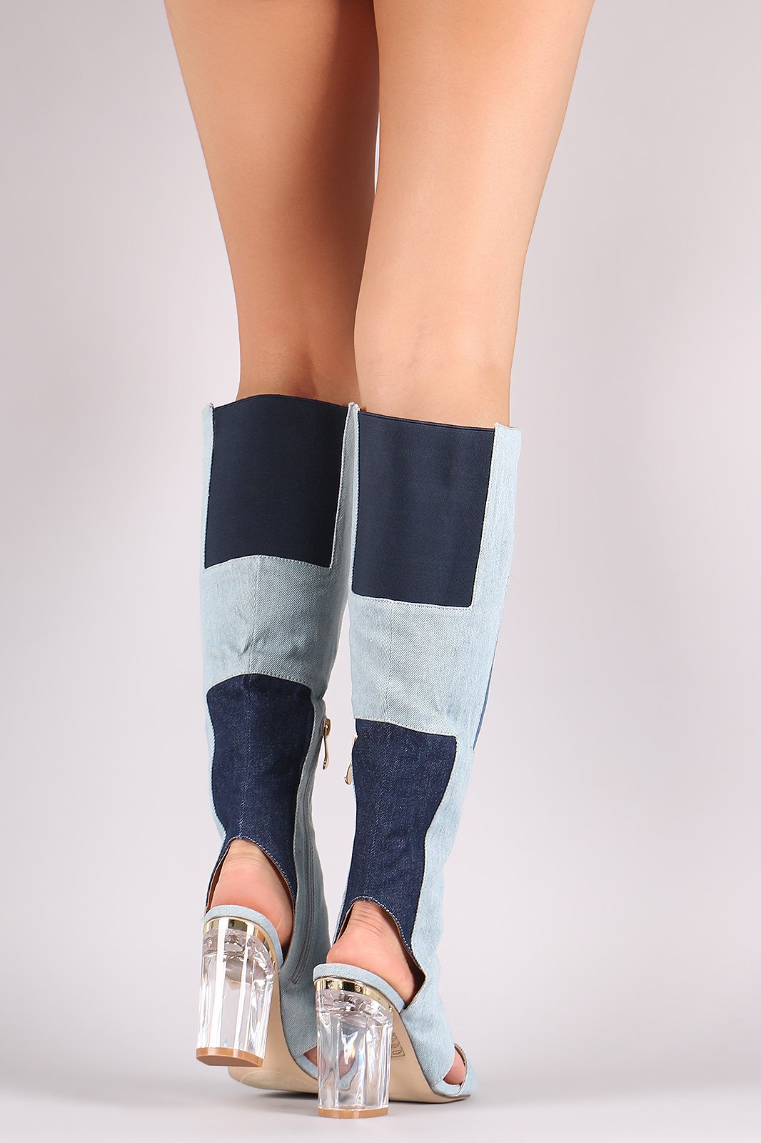 Denim Patchwork Chunky Clear Heeled Cutout Knee High Boots