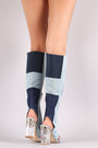 Denim Patchwork Chunky Clear Heeled Cutout Knee High Boots
