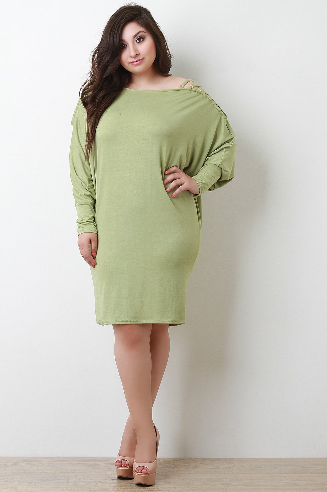 Lace Up Shoulder Dolman Shirt Dress