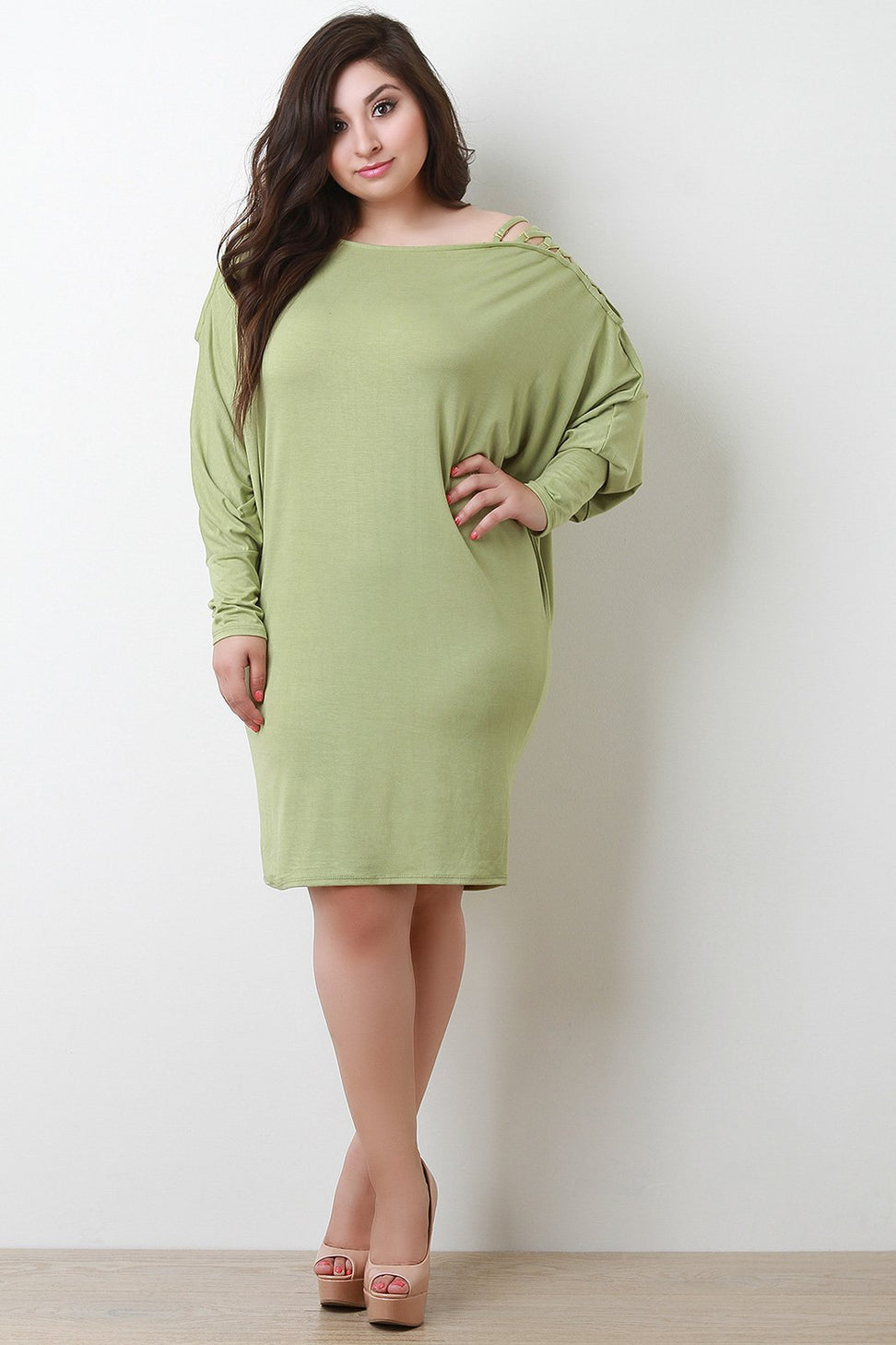 Lace Up Shoulder Dolman Shirt Dress