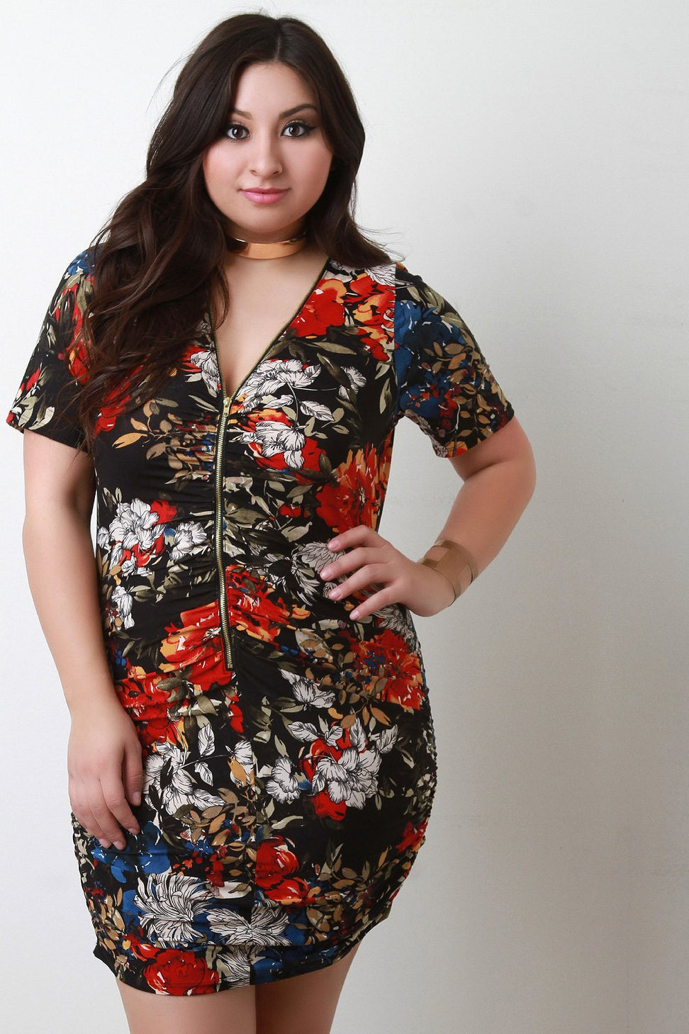 Floral Zipper Front Bodycon Dress