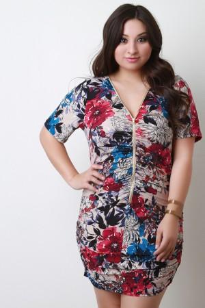 Floral Zipper Front Bodycon Dress