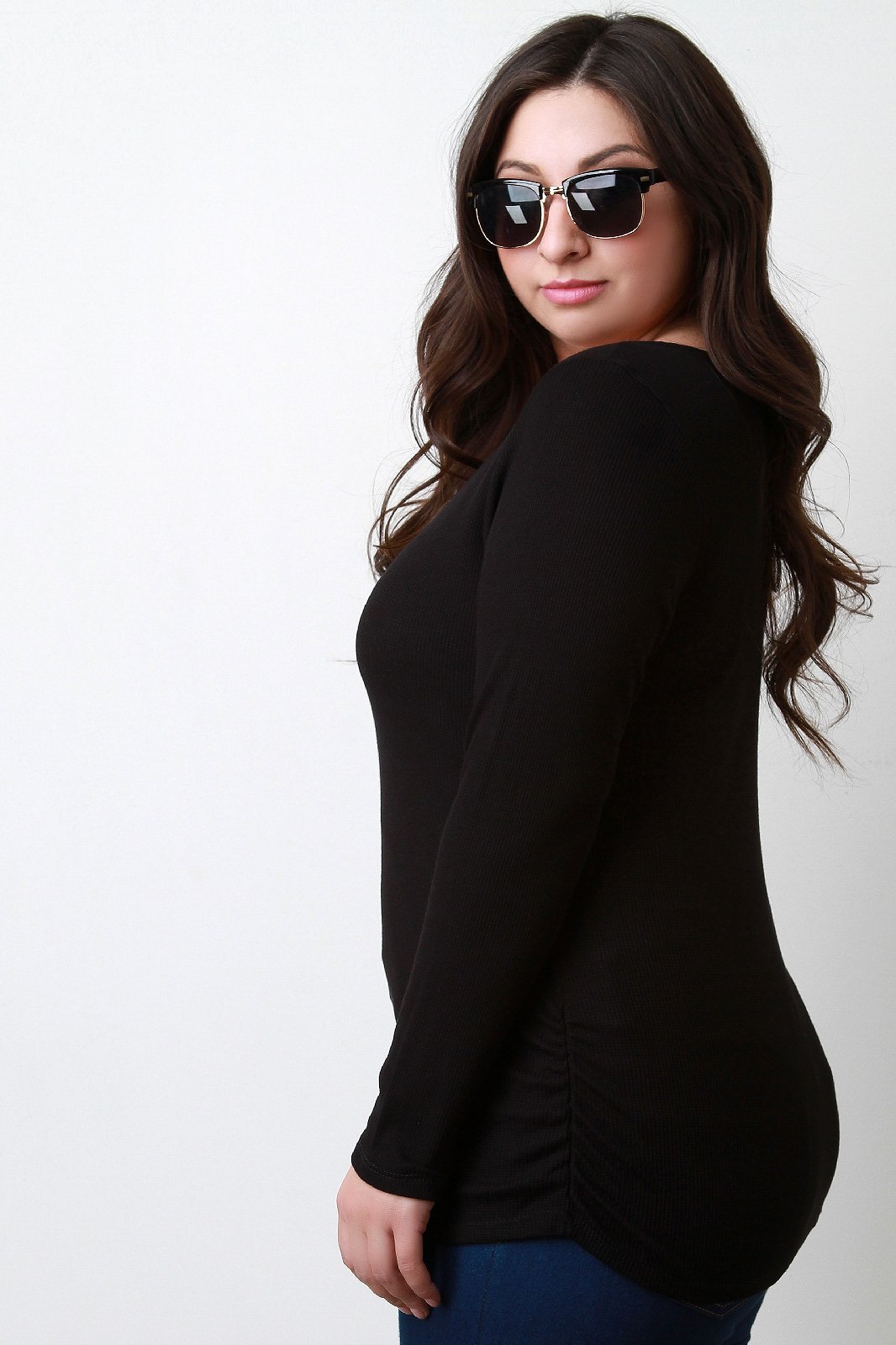 Thermal Knit Banded Keyhole Long Sleeve Top