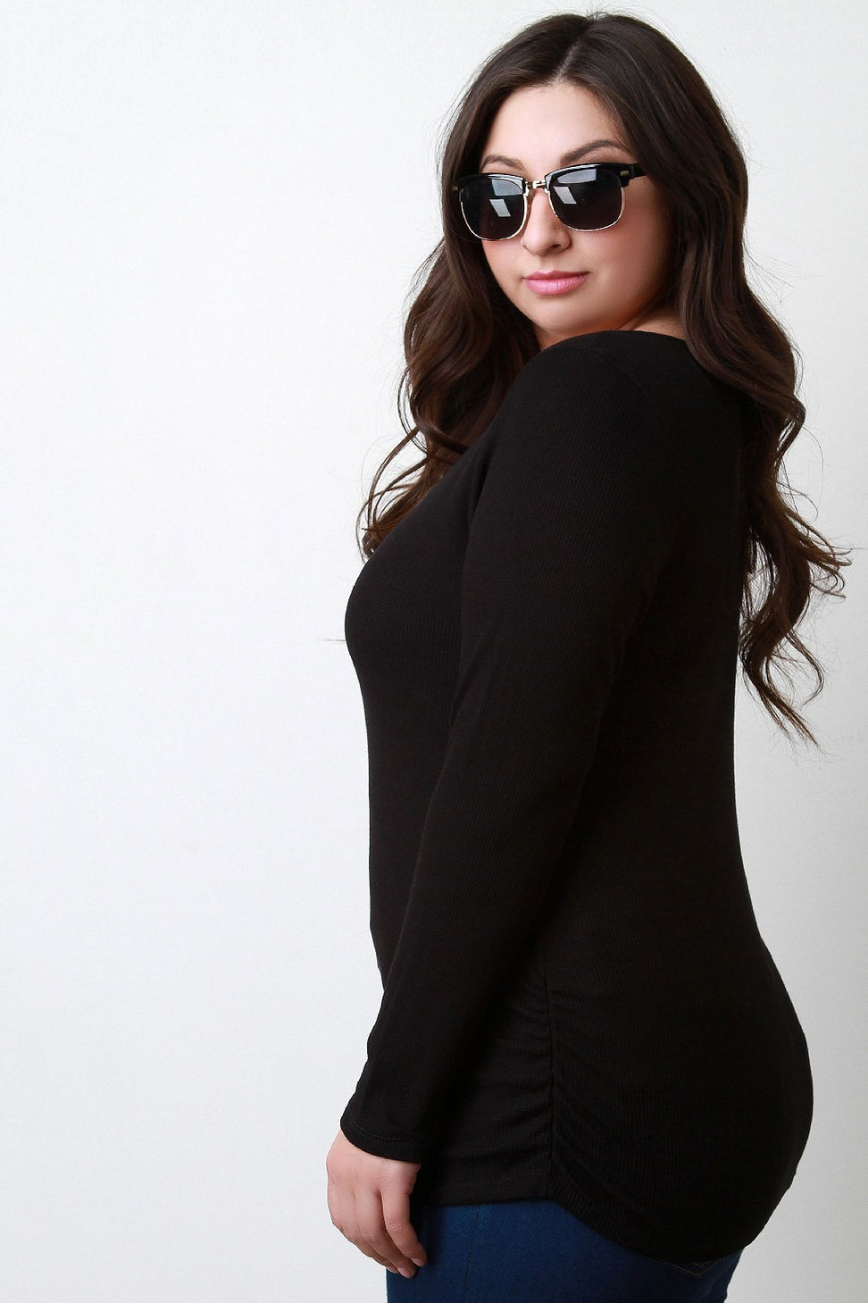 Thermal Knit Banded Keyhole Long Sleeve Top