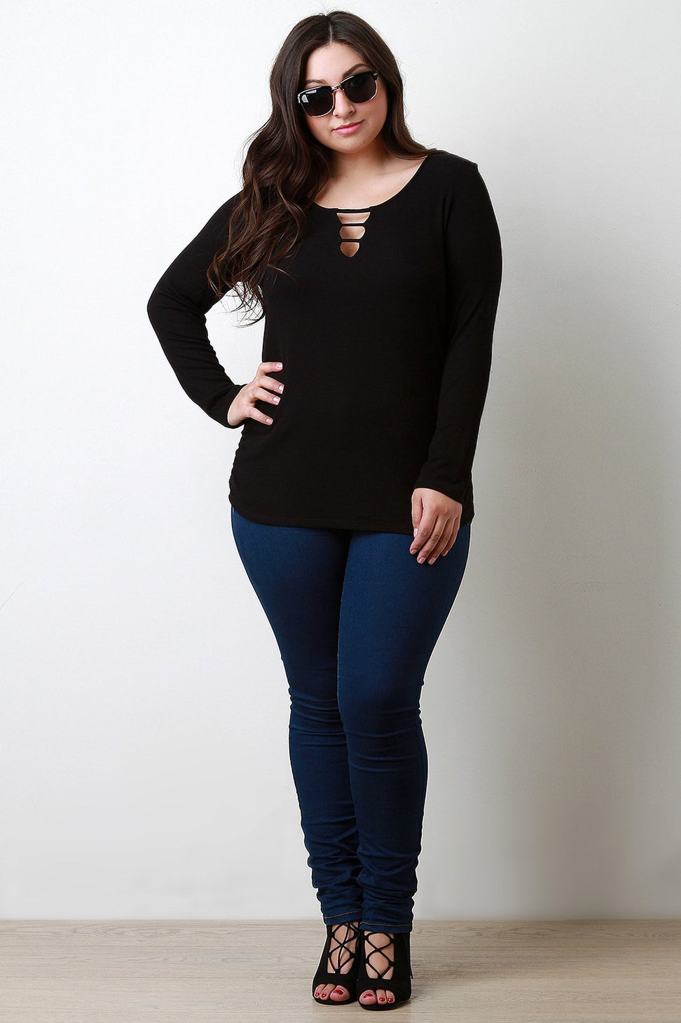 Thermal Knit Banded Keyhole Long Sleeve Top
