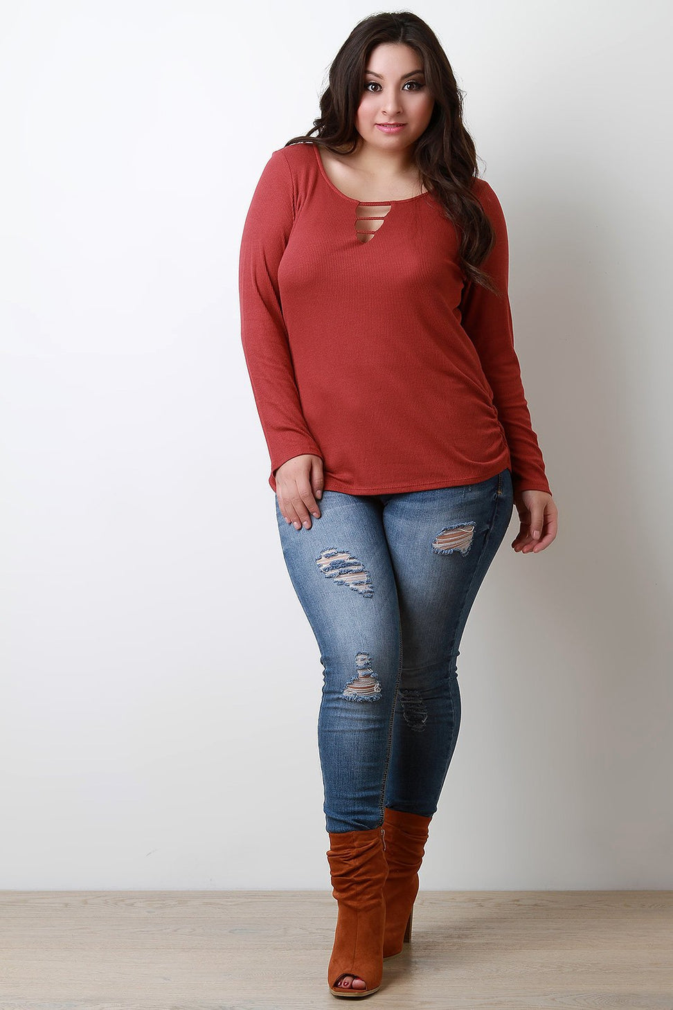 Thermal Knit Banded Keyhole Long Sleeve Top