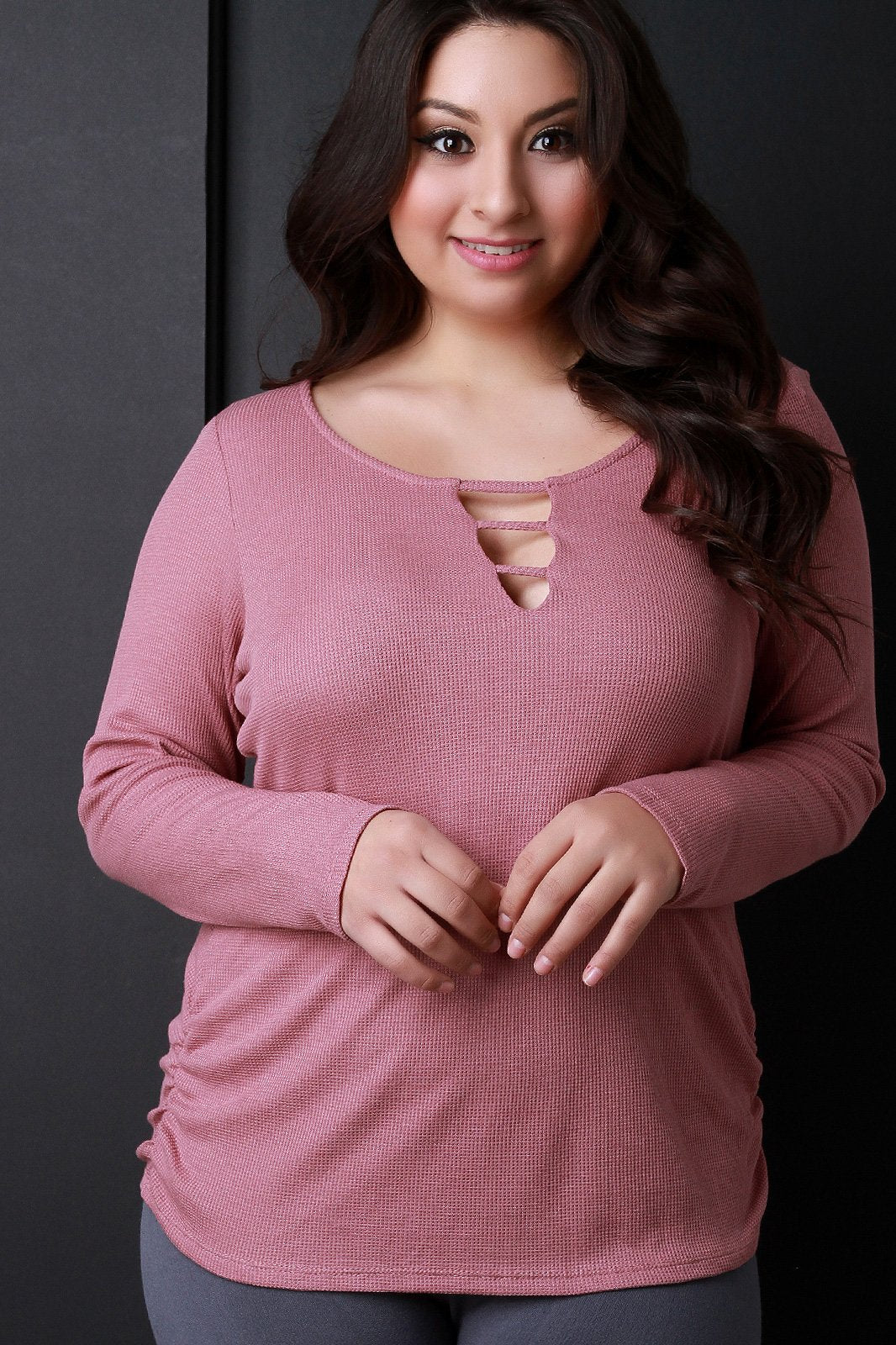 Thermal Knit Banded Keyhole Long Sleeve Top