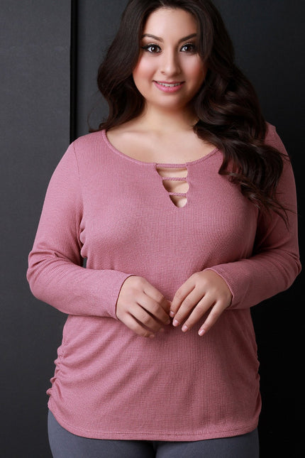 Thermal Knit Banded Keyhole Long Sleeve Top