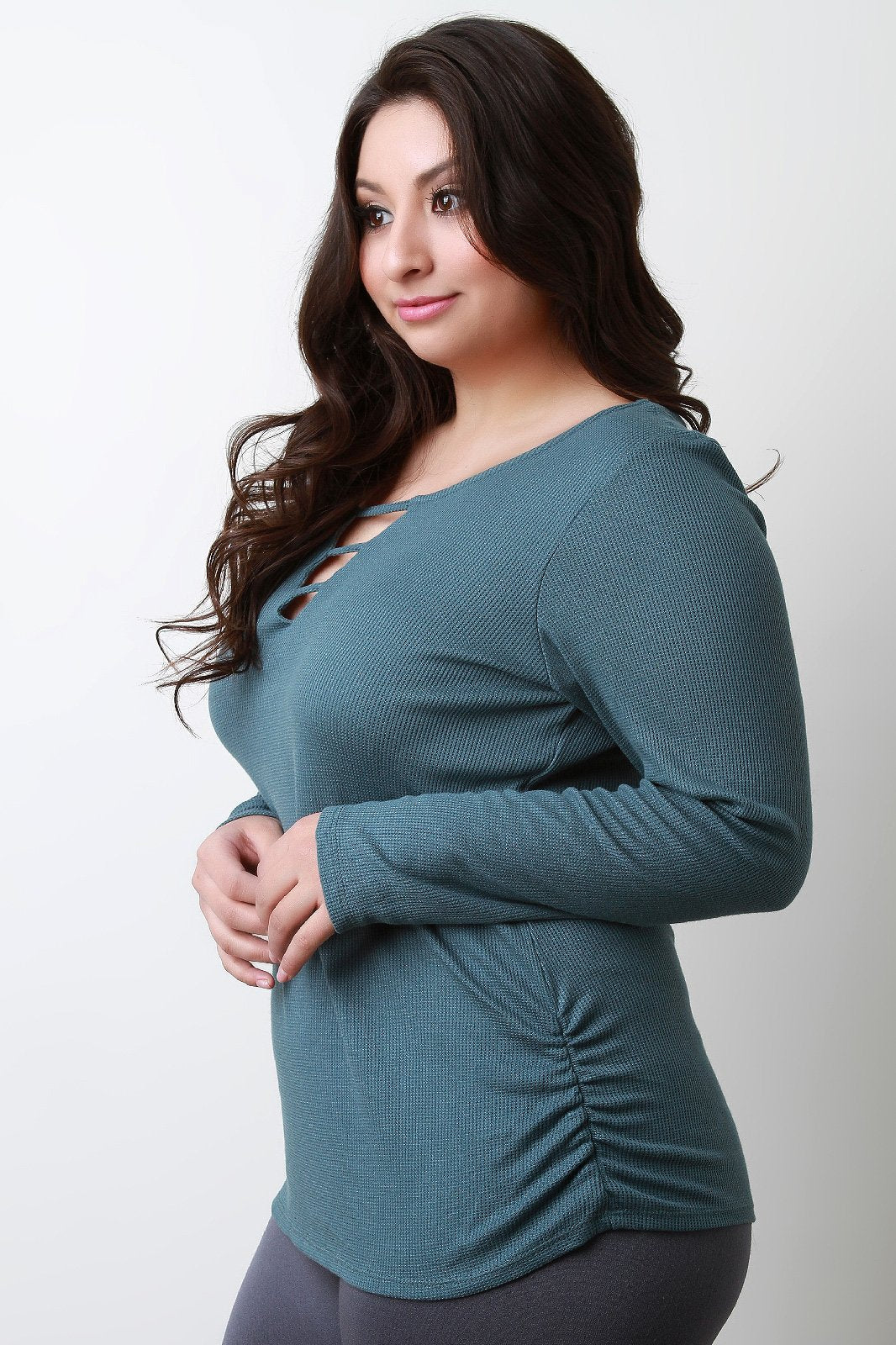 Thermal Knit Banded Keyhole Long Sleeve Top