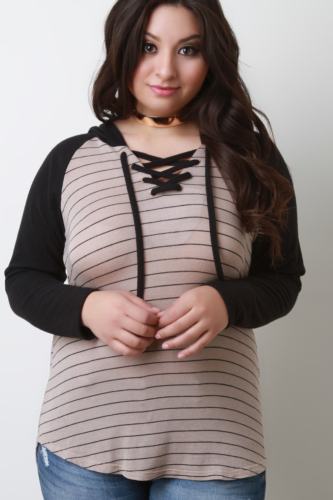 Striped Raglan Sleeve Hooded Top